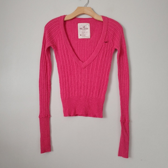 Hollister Vintage 2000s V-Neck Cable Knit Sweater Pink Size Medium - Picture 2 of 15